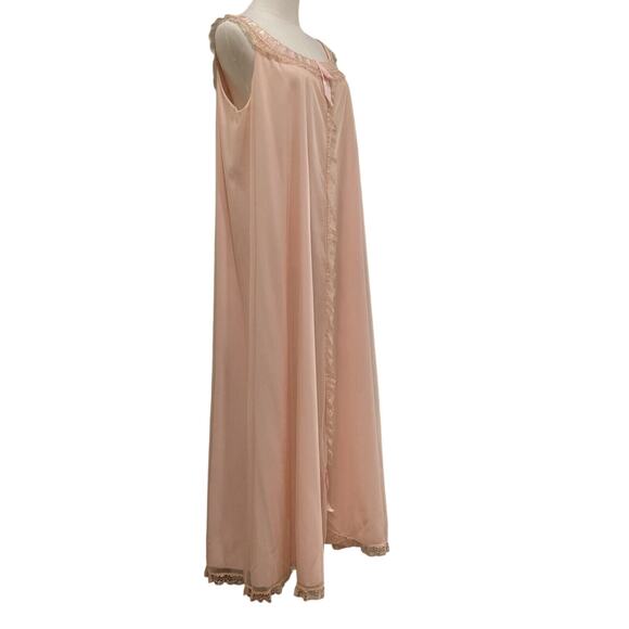 Vintage 60s Odette Barsa Pink Nylon Chiffon Lace & Ribbons Maxi Nightgown Size M - Picture 6 of 10